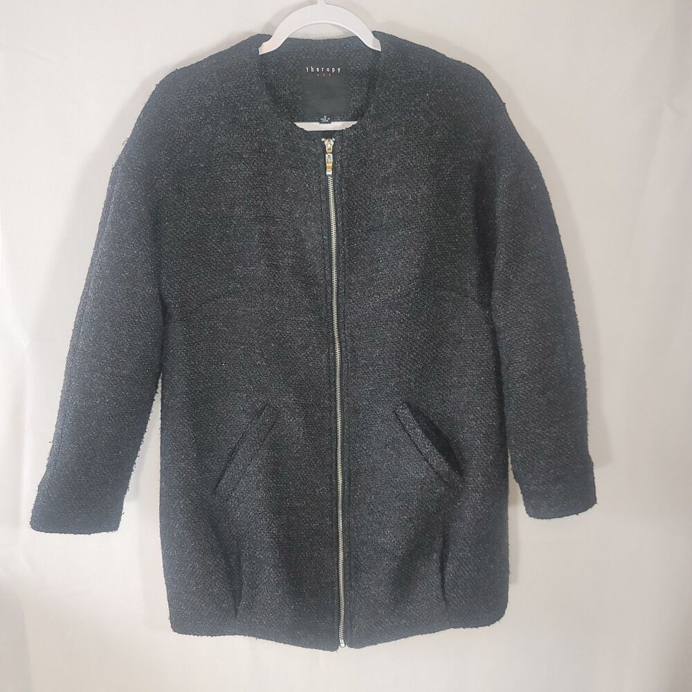 Therapy Women's Boucle Knit Wool Blend Full Zip Jacket Coat Black Medium Minimal